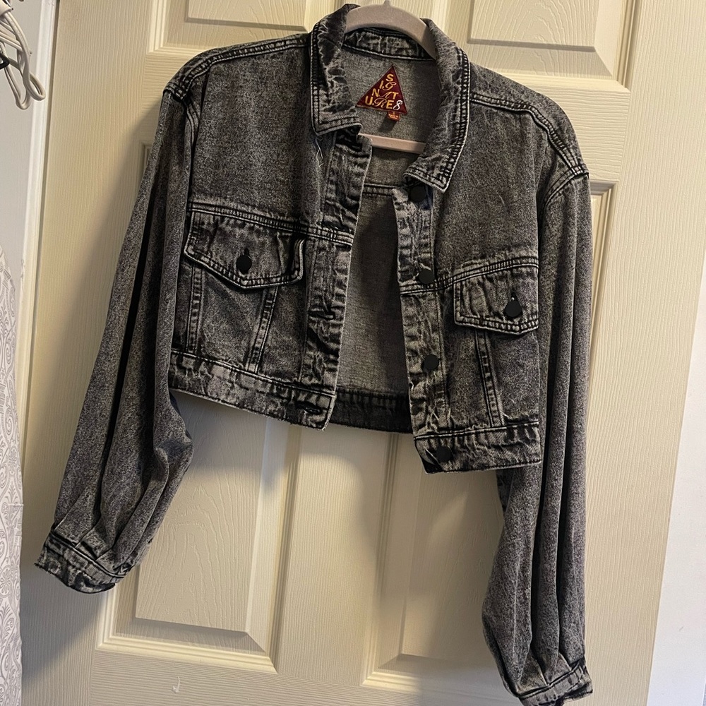 Cropped acid wash gray jean jacket